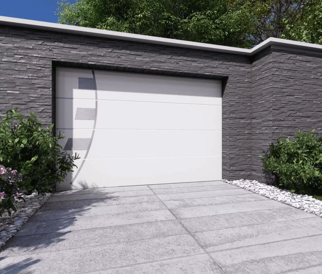 Porte sectionnelle habitat avec décor inox, design moderne et isolation thermique performante