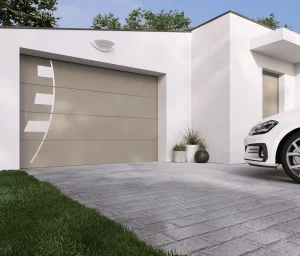Porte de garage sectionnelle habitat avec décor inox, design moderne et isolation performante