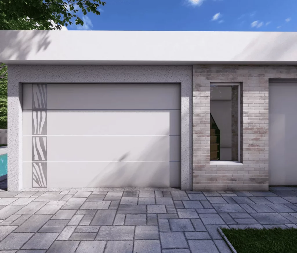 Porte sectionnelle habitat avec décor inox, design moderne et isolation thermique performante